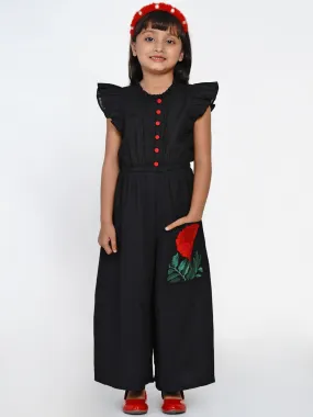 Girls Black & Red Solid Basic Jumpsuit