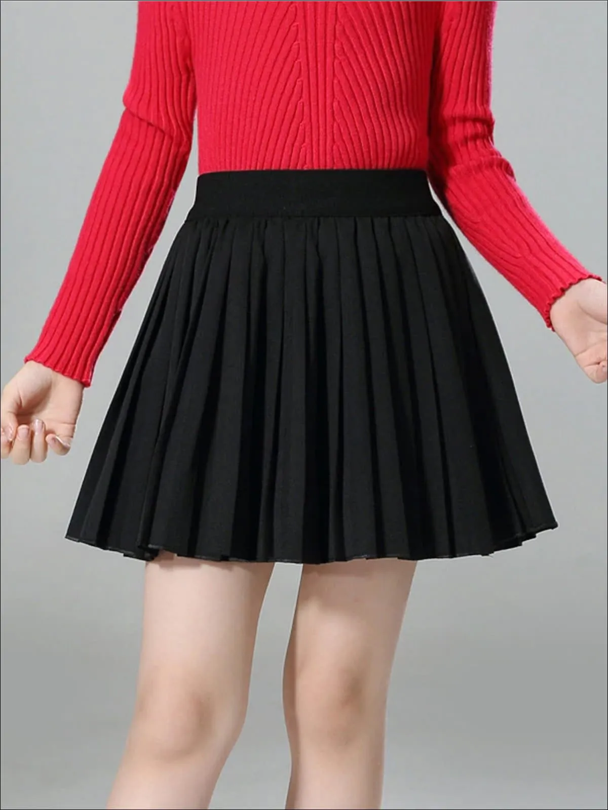 Girls Black High Waist Pleated Skirt