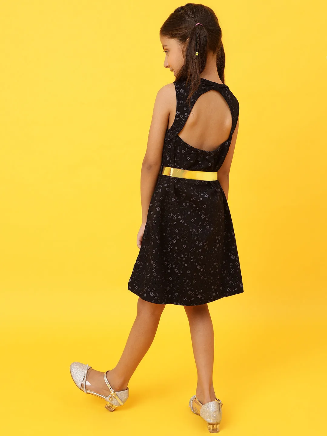 Girls Black Printed Dress