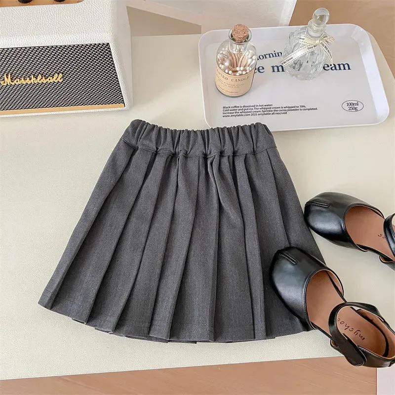 Girls‘ Skirt 2023 Summer Spring Autumn Solid Color White Grey Black Academic Style Sweet Cotton Versatile