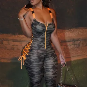 Glow Chic's Camouflage Print Contrast Color Jumpsuit