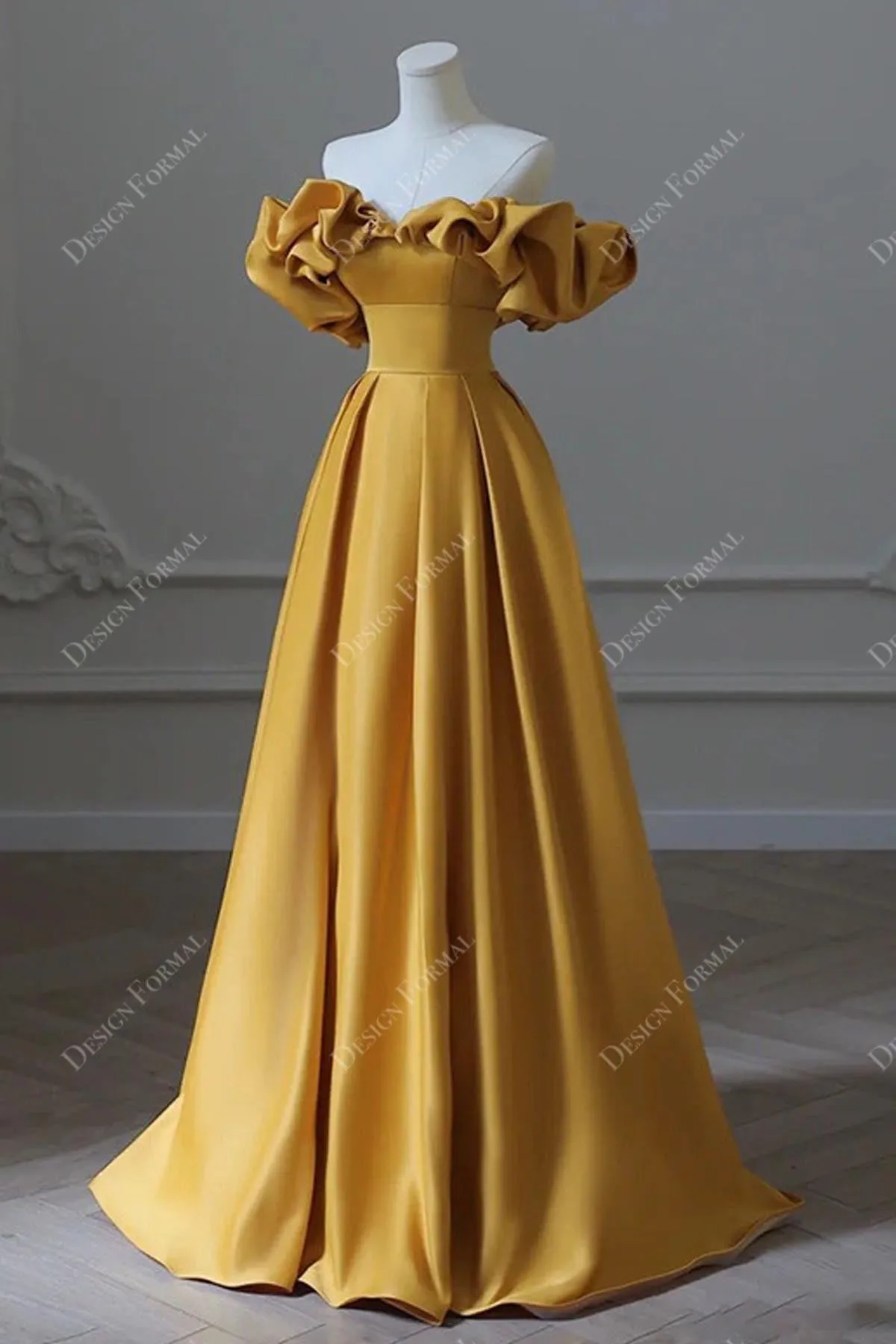 Gold Ruffled Off-the-shoulder Satin A-line Horsehair Formal Host Gown