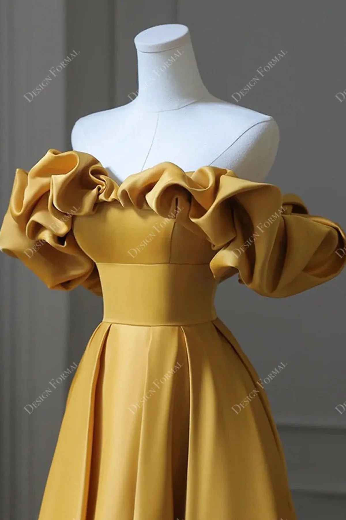 Gold Ruffled Off-the-shoulder Satin A-line Horsehair Formal Host Gown