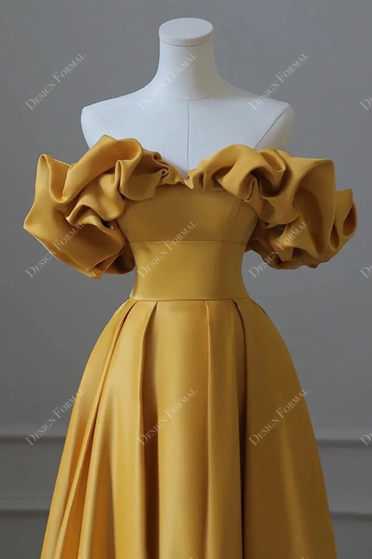 Gold Ruffled Off-the-shoulder Satin A-line Horsehair Formal Host Gown