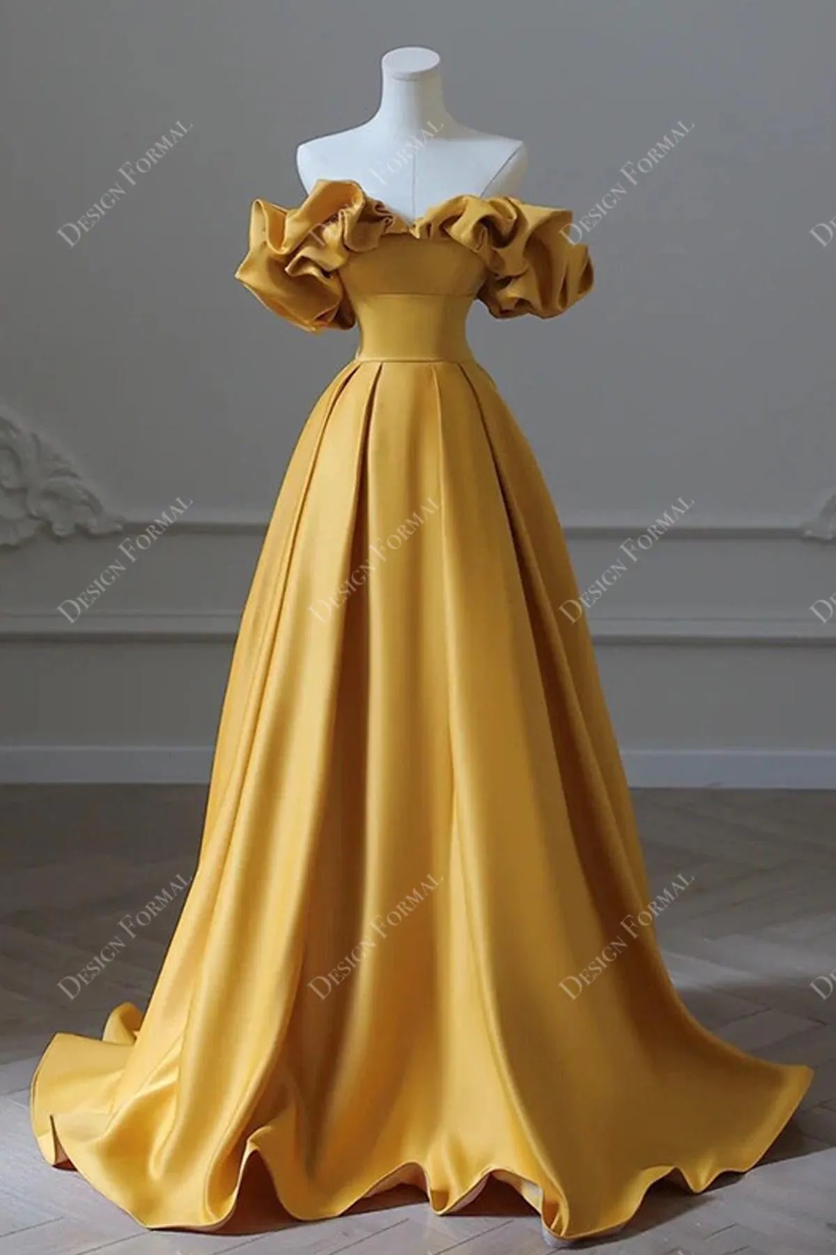 Gold Ruffled Off-the-shoulder Satin A-line Horsehair Formal Host Gown