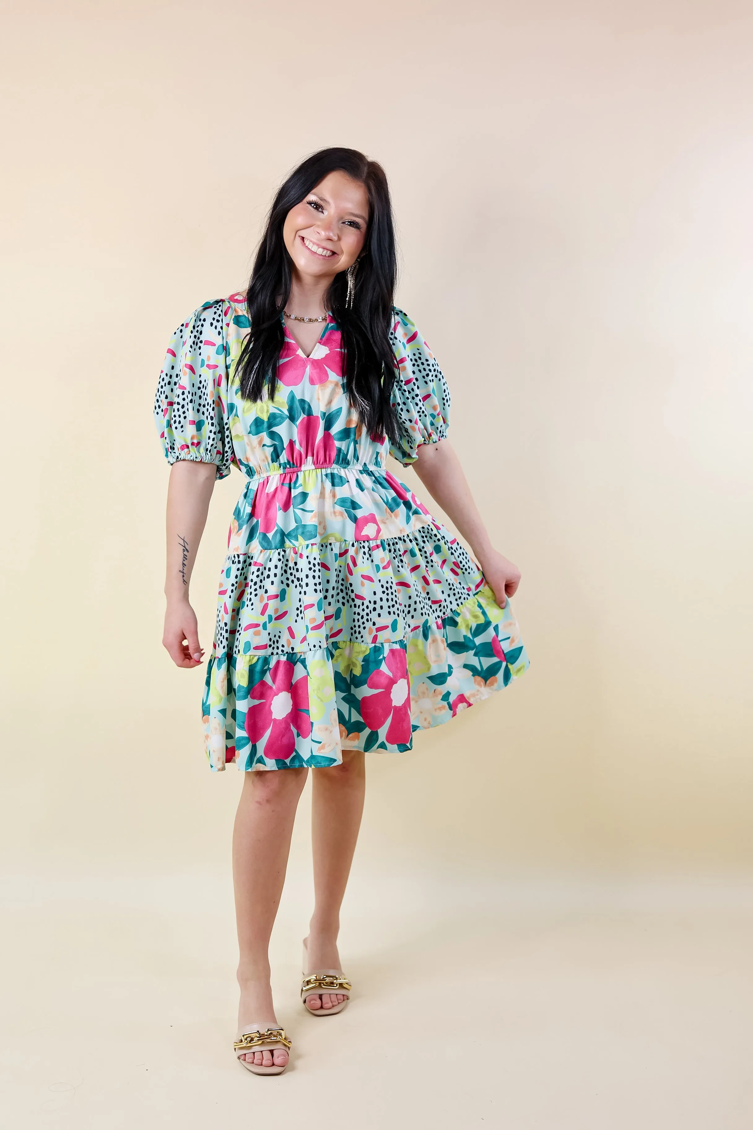 Gramercy Garden Floral Tiered Dress with Short Balloon Sleeves in Light Mint Blue Mix