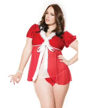 Holiday Stretch Velvet & Mesh Hooded Santa Babydoll  & G-String Red/White QN