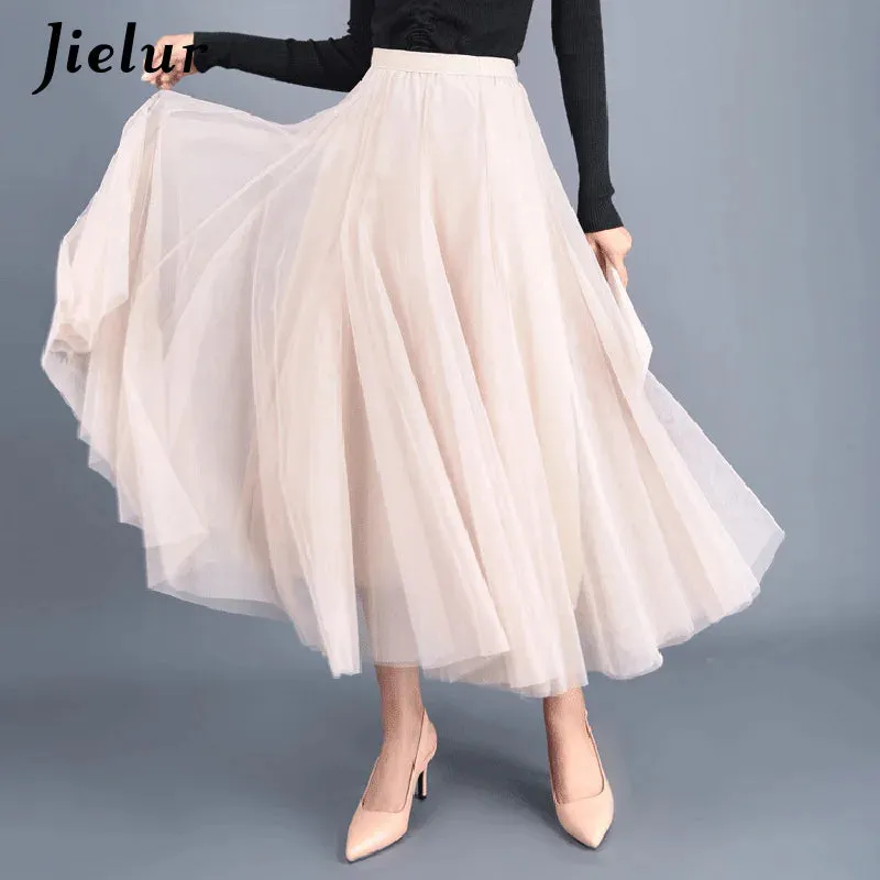 Jielur Skirts Womens Autumn 3 Layers Princess Tulle Mesh Pleated Skirt Saia Female Jupe Summer Tutu Skirts Faldas Mujer Moda