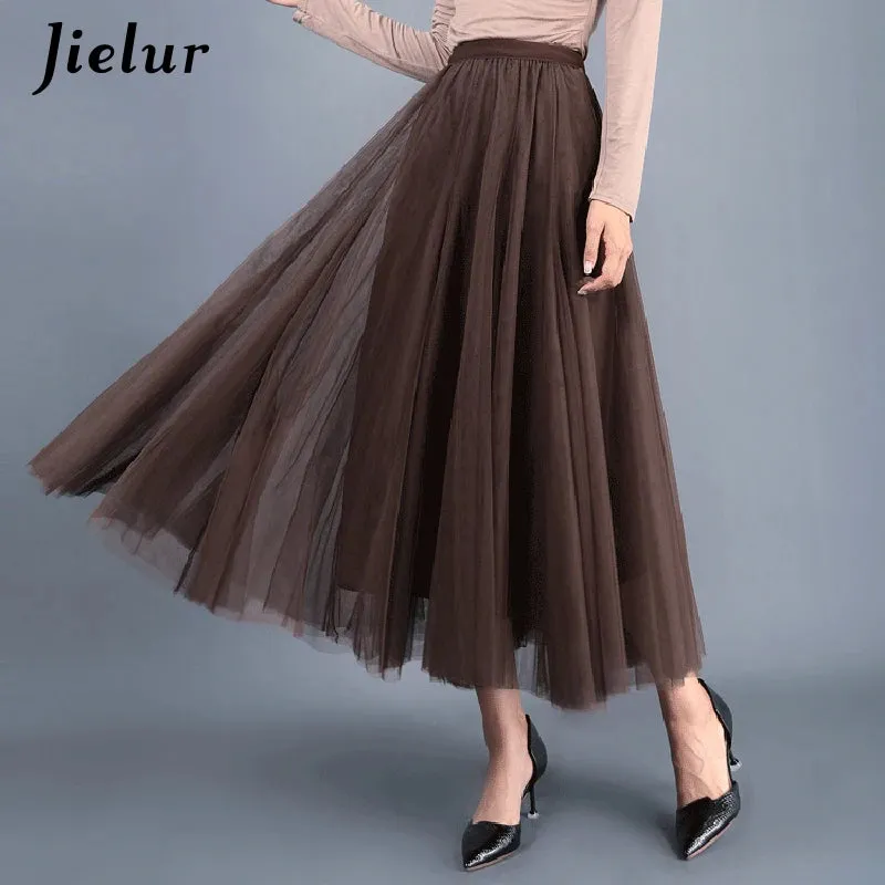 Jielur Skirts Womens Autumn 3 Layers Princess Tulle Mesh Pleated Skirt Saia Female Jupe Summer Tutu Skirts Faldas Mujer Moda