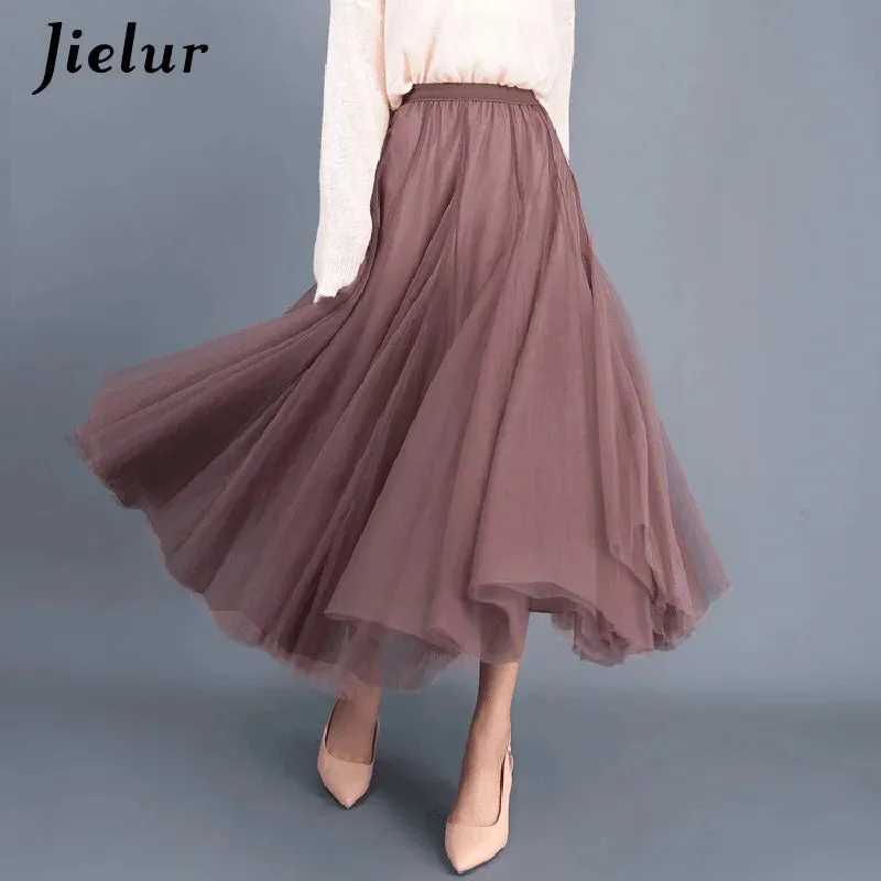 Jielur Skirts Womens Autumn 3 Layers Princess Tulle Mesh Pleated Skirt Saia Female Jupe Summer Tutu Skirts Faldas Mujer Moda