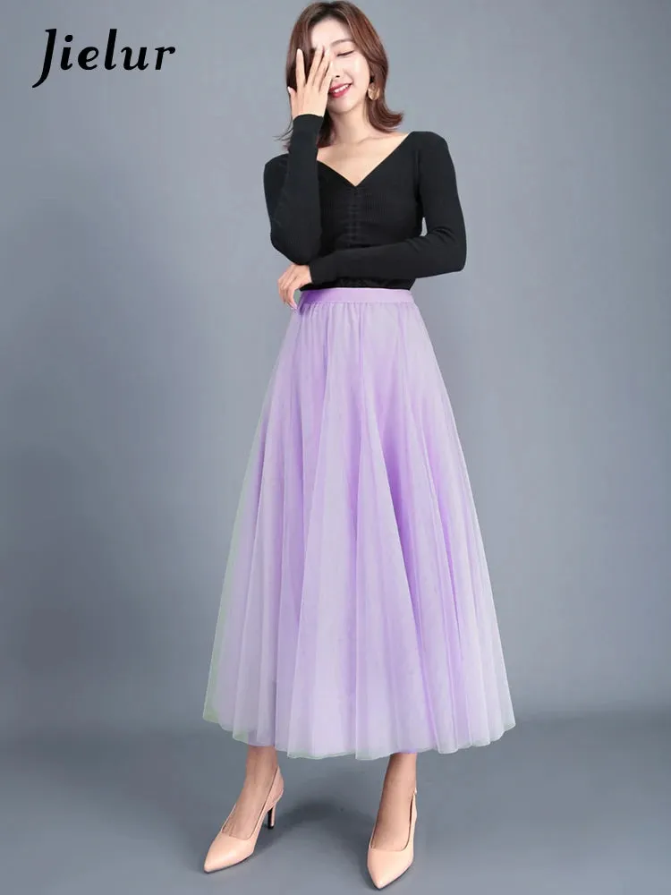 Jielur Skirts Womens Autumn 3 Layers Princess Tulle Mesh Pleated Skirt Saia Female Jupe Summer Tutu Skirts Faldas Mujer Moda