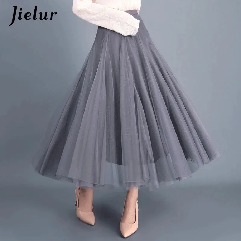 Jielur Skirts Womens Autumn 3 Layers Princess Tulle Mesh Pleated Skirt Saia Female Jupe Summer Tutu Skirts Faldas Mujer Moda