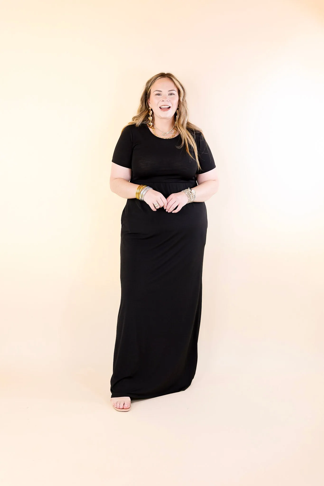 Just Landed Short Sleeve Babydoll Maxi Dress in Black