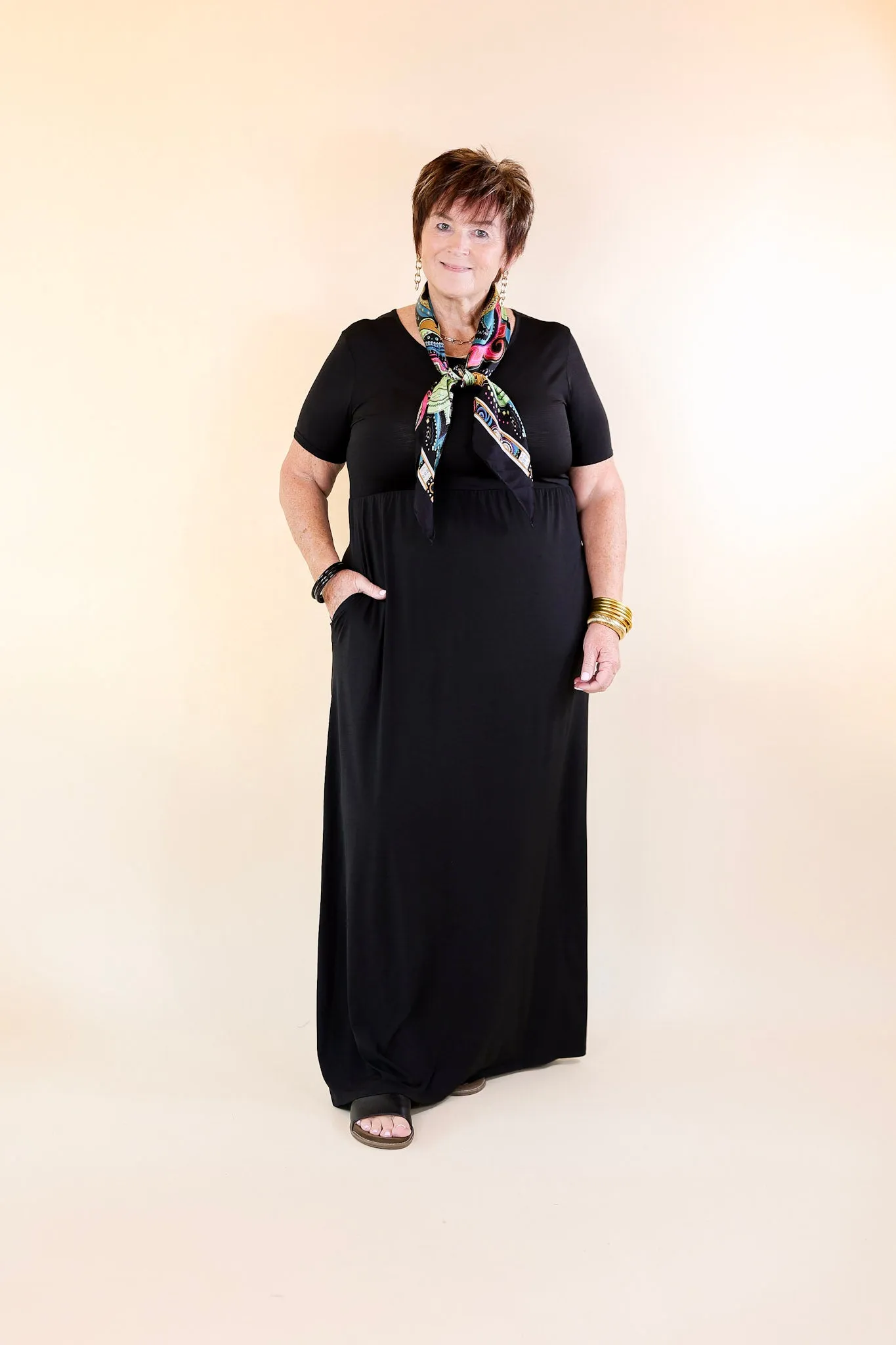 Just Landed Short Sleeve Babydoll Maxi Dress in Black