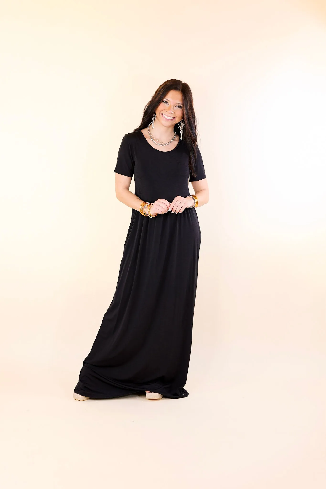 Just Landed Short Sleeve Babydoll Maxi Dress in Black