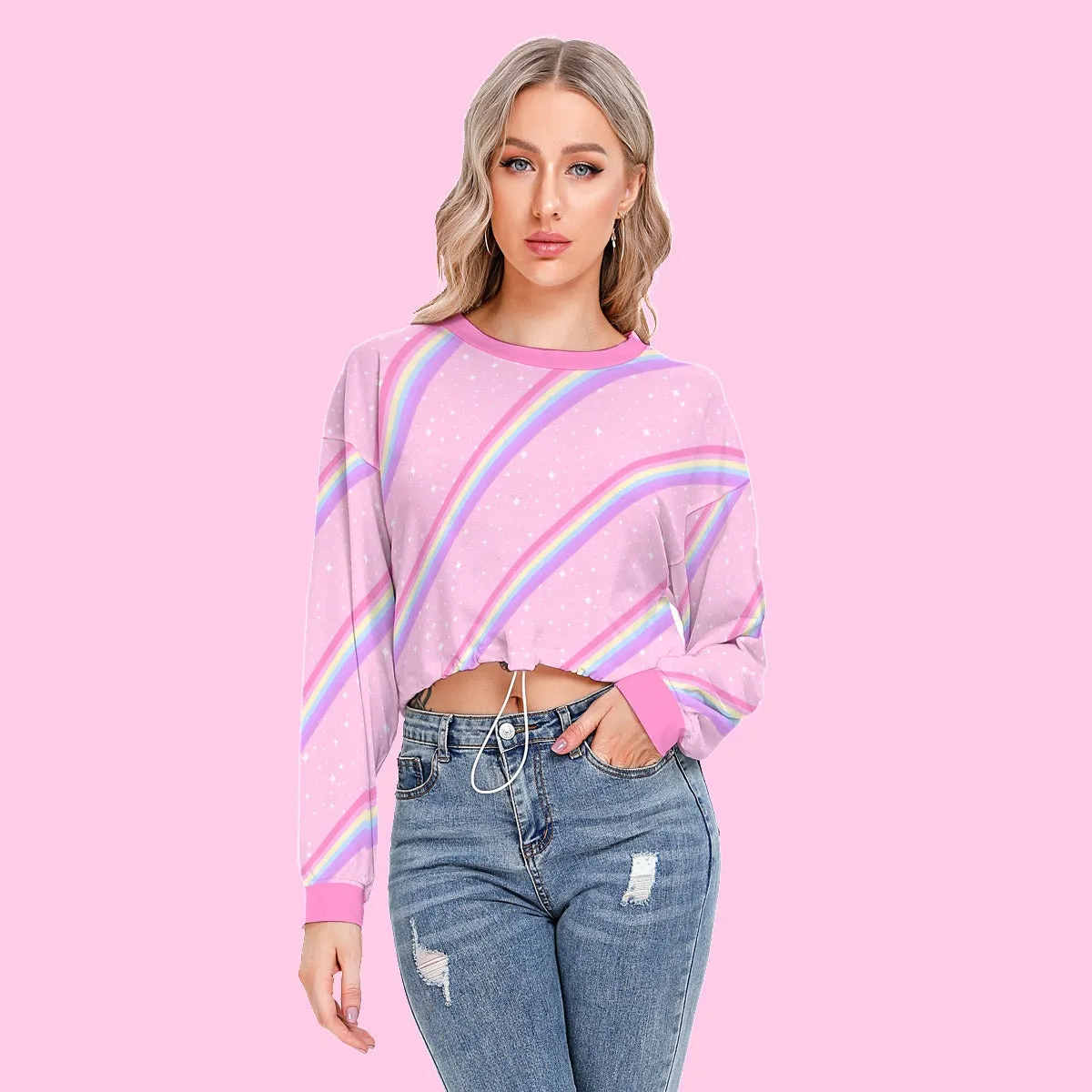 Kawaii Sparkle Cake Rainbow Beam Women's Crop Top Long Sleeve Sweatshirt With Hem Drawstring