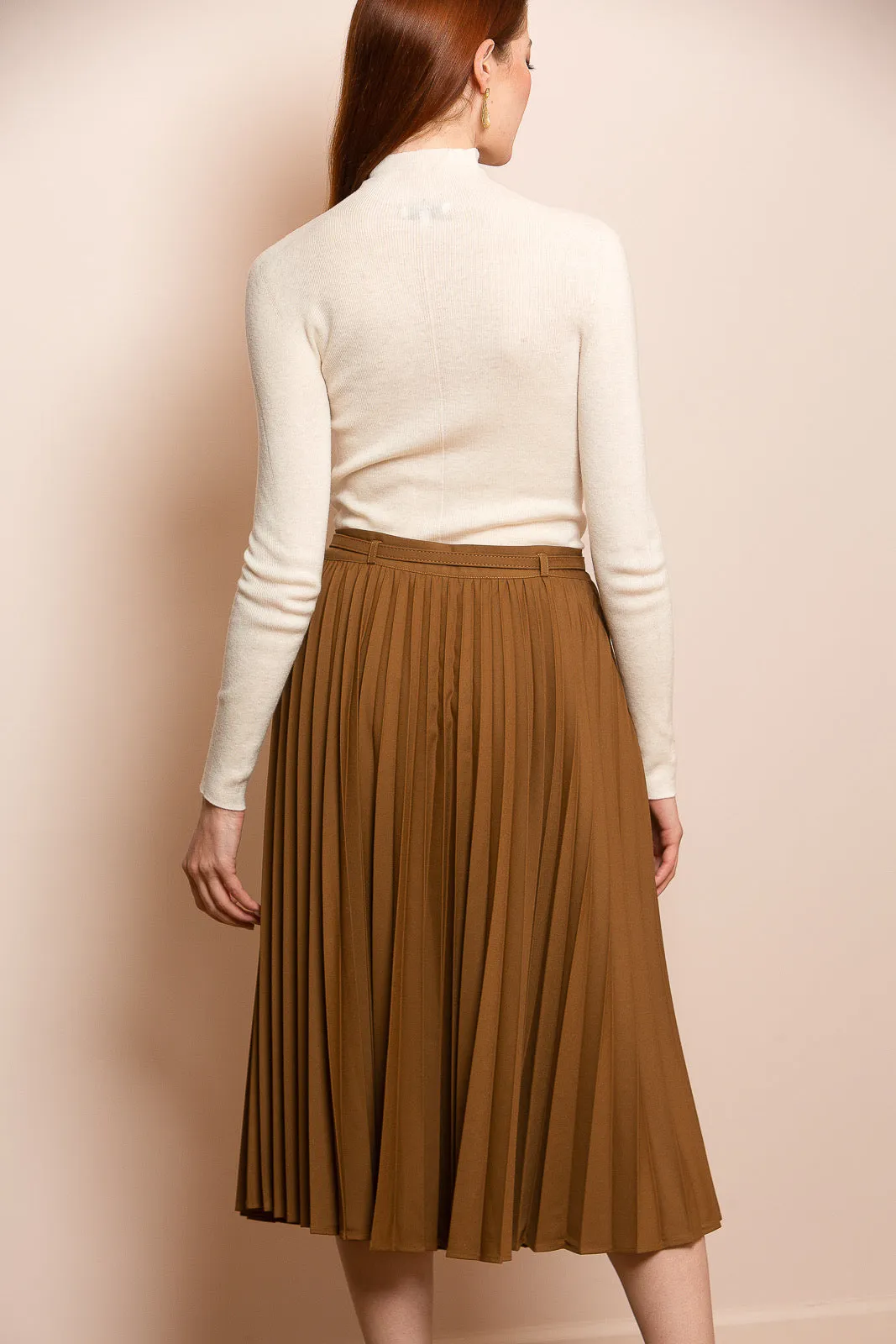 Knee Length Pleated Skirt with Belt and Flap Detail