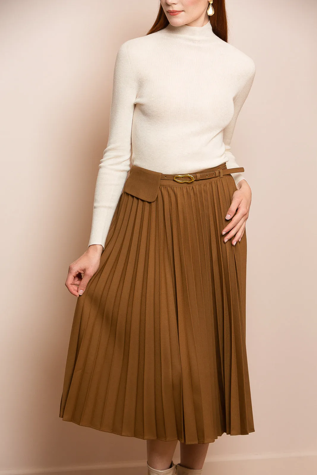 Knee Length Pleated Skirt with Belt and Flap Detail