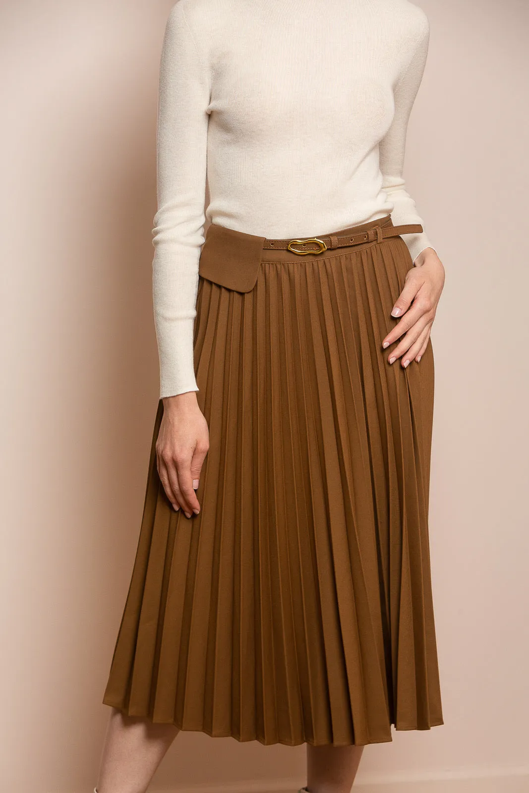 Knee Length Pleated Skirt with Belt and Flap Detail