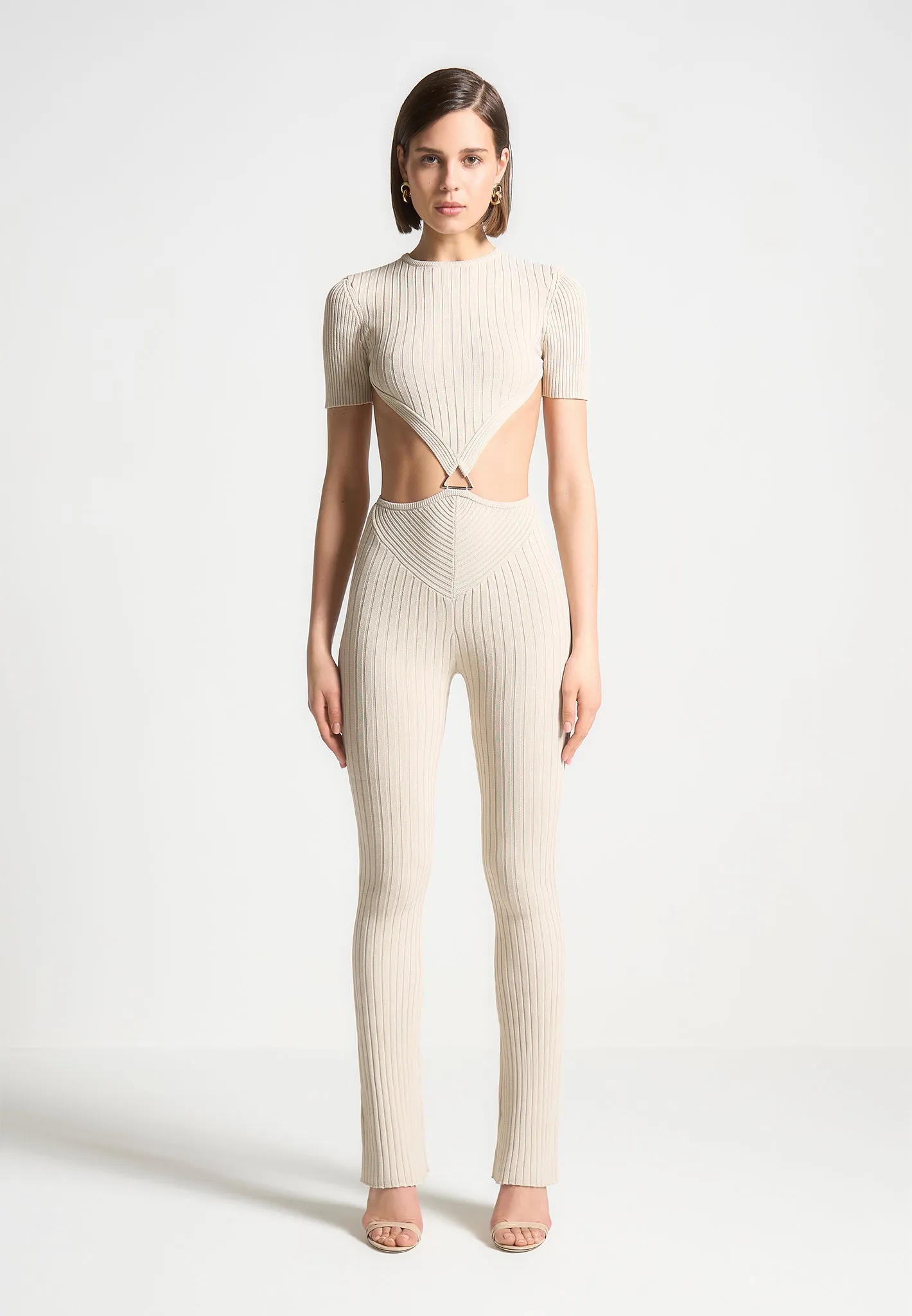 Knitted Backless Jumpsuit - Beige