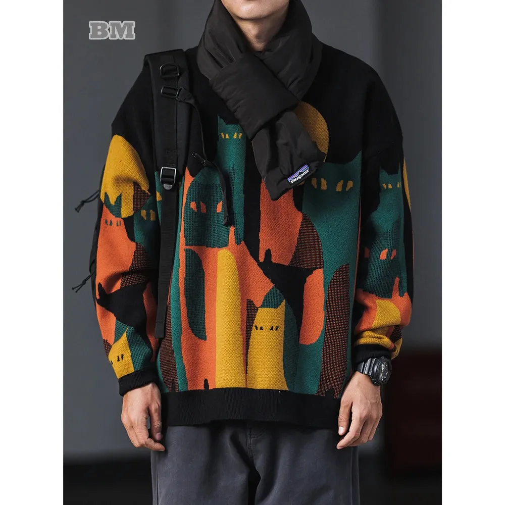 Korean Streetwear Sweater Men Color Matching Crew Neck Pullovers