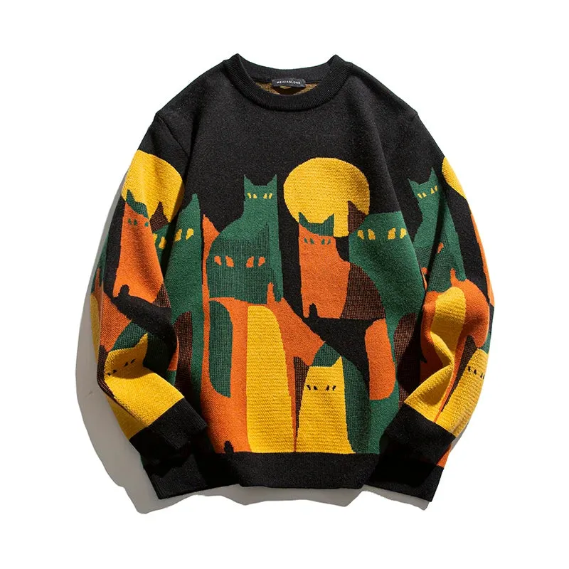 Korean Streetwear Sweater Men Color Matching Crew Neck Pullovers