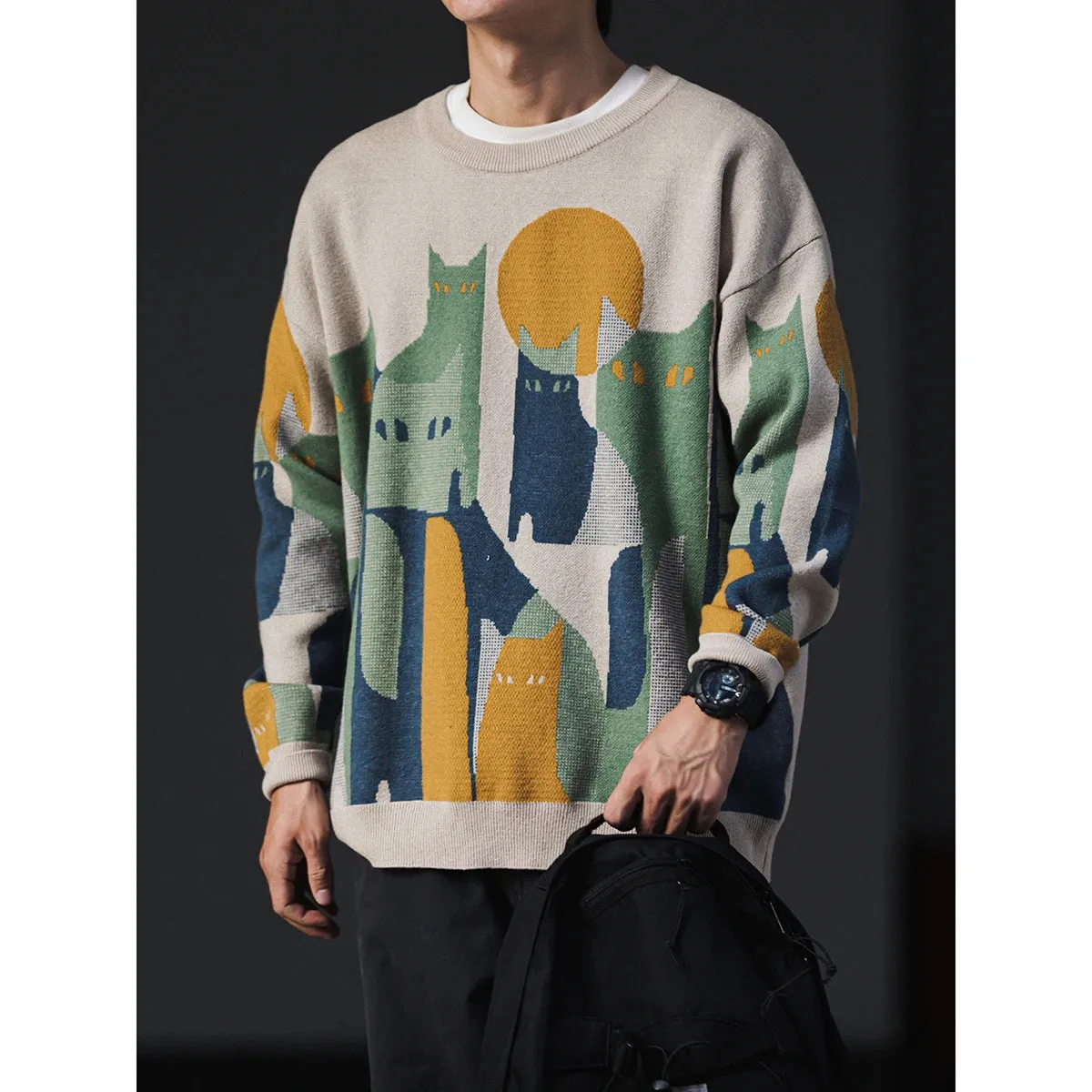 Korean Streetwear Sweater Men Color Matching Crew Neck Pullovers