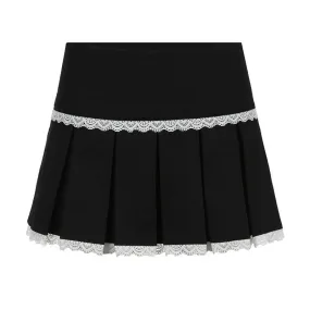 Lace hem pleated zip-up mini skirt