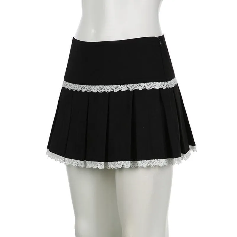 Lace hem pleated zip-up mini skirt