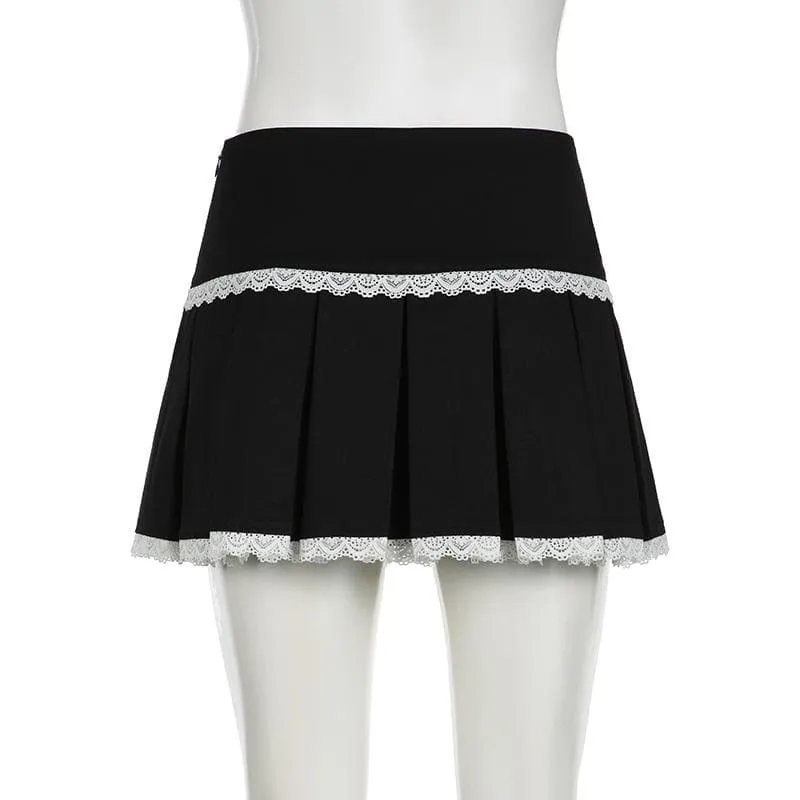 Lace hem pleated zip-up mini skirt