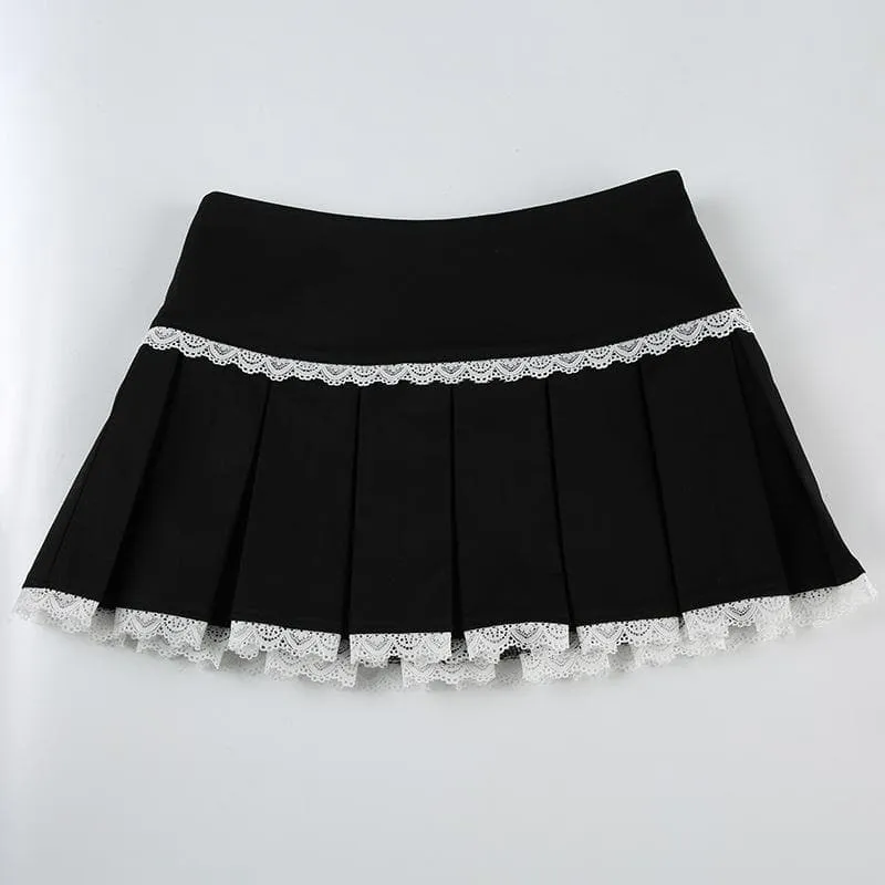 Lace hem pleated zip-up mini skirt