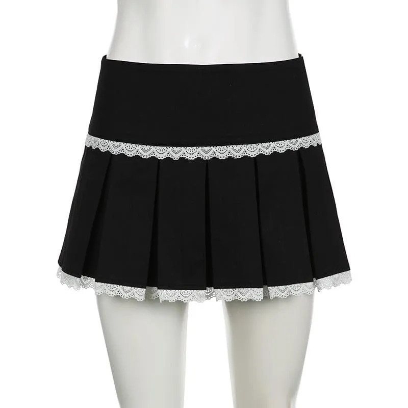 Lace hem pleated zip-up mini skirt