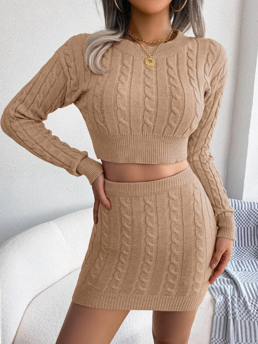 Ladies Knit Solid Color Round Neck Skirt Set 1820