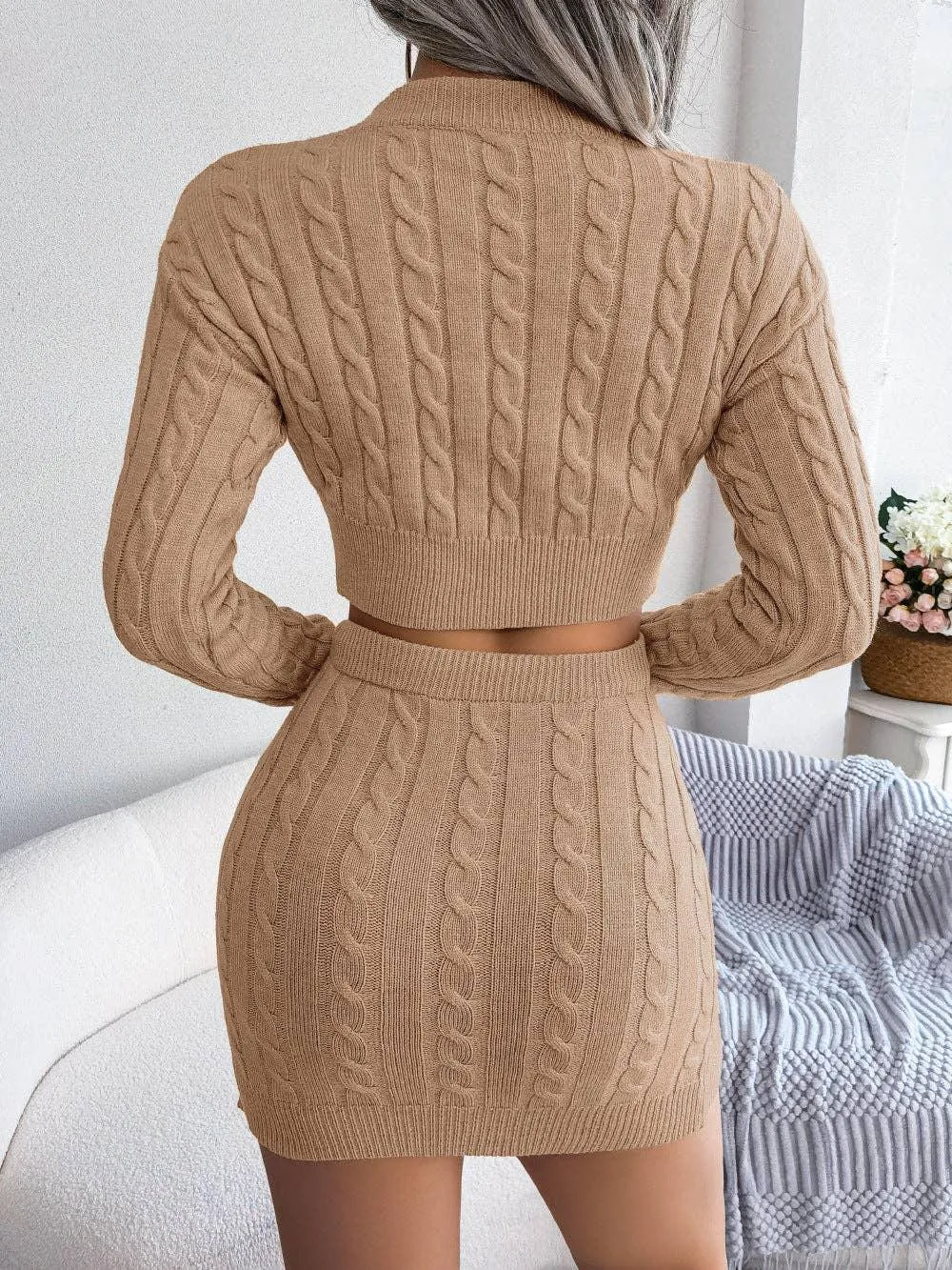 Ladies Knit Solid Color Round Neck Skirt Set 1820