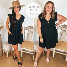 Last Chance Size Small | Capture Your Attention V Neck Dress with Ruffle Cap Sleeves in Black