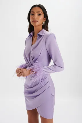 LAURA Satin Mini Shirt Dress With Feather Cuffs In Lavender