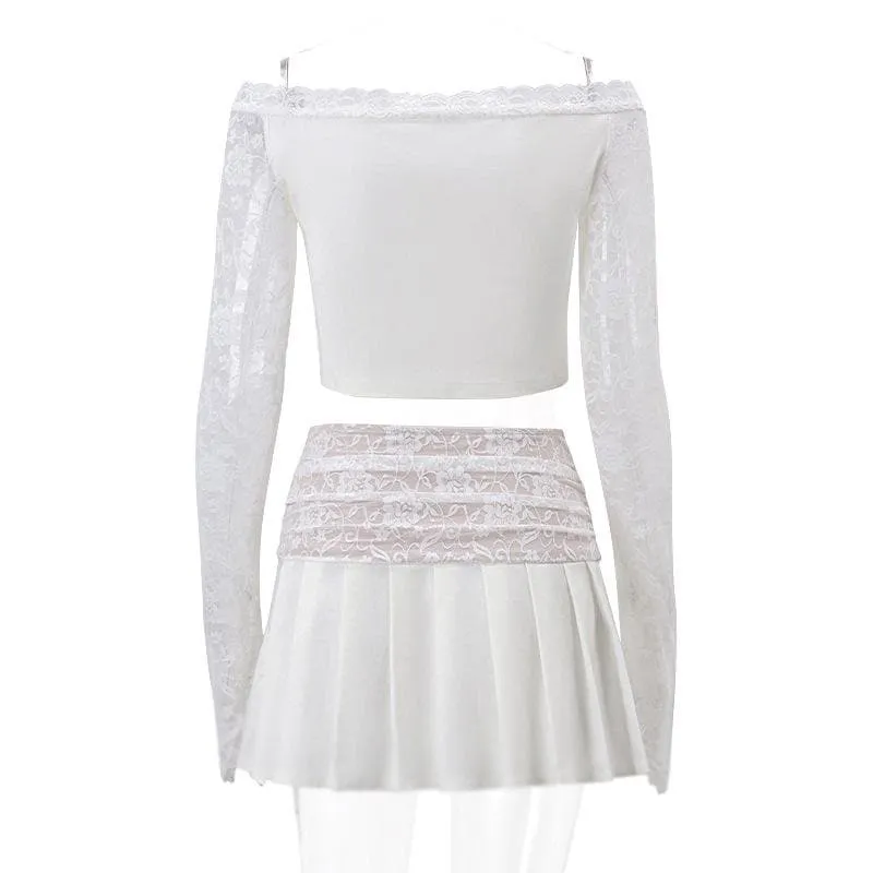 Long flared sleeve lace patchwork pleated ruched zip-up mini skirt set