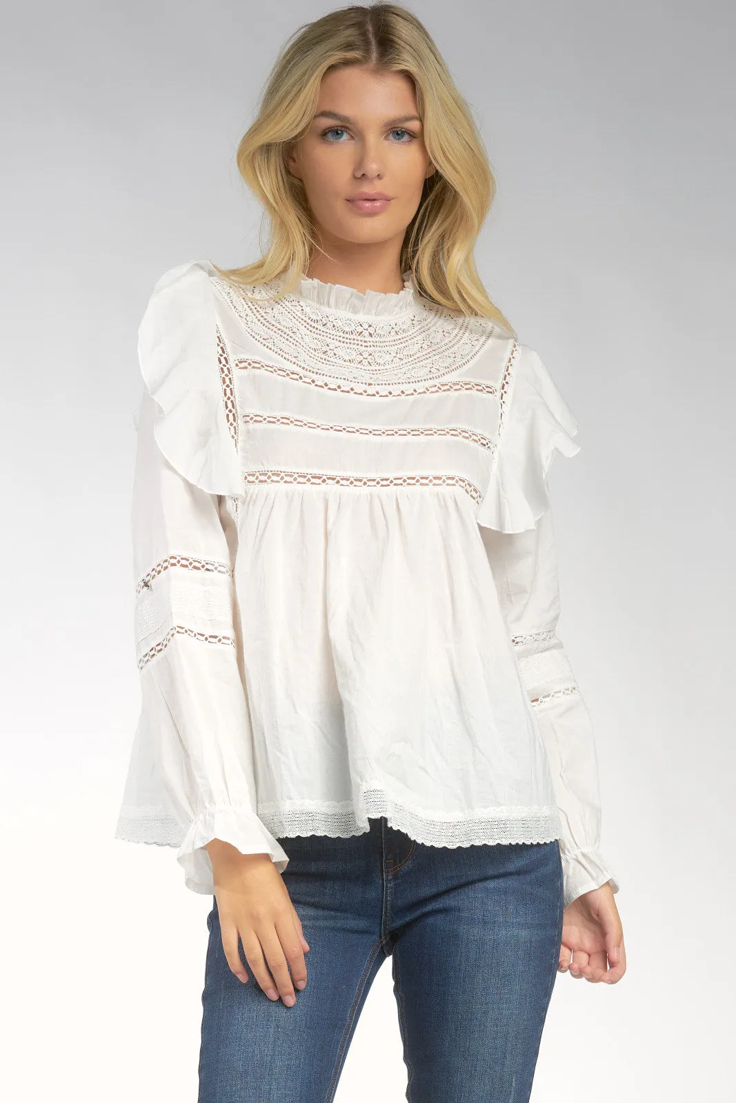 Long Sleeve Lace Smocked Top