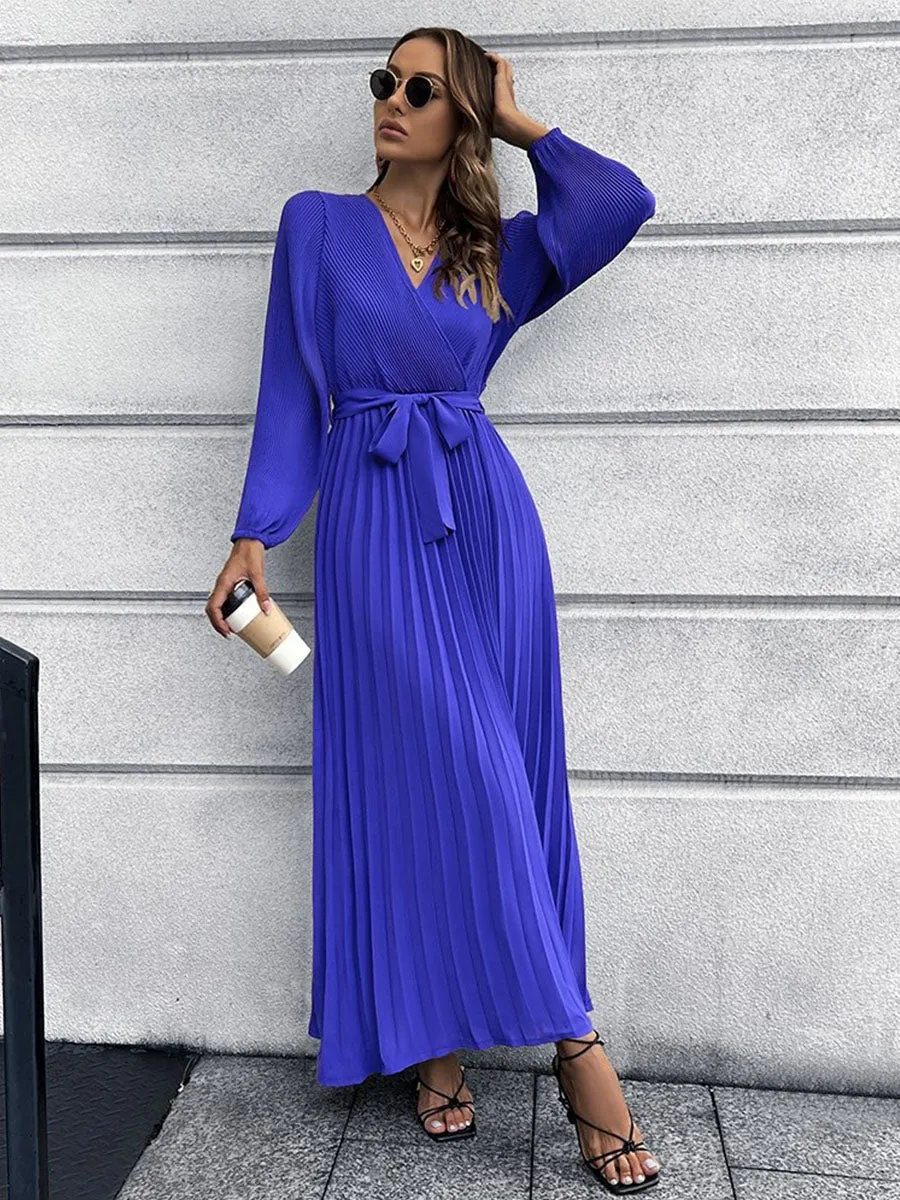 Long Sleeves V Neck Pleated Skirt Solid Color Boho Dress with Belt