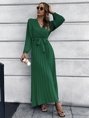 Long Sleeves V Neck Pleated Skirt Solid Color Boho Dress with Belt