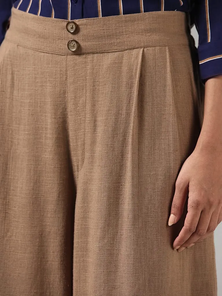 LOV Solid Beige Wide-Leg Linen Trousers