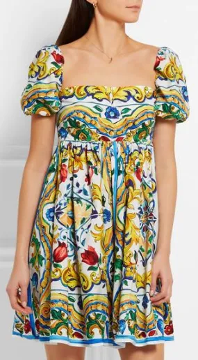 'Majolica' Print Babydoll Dress - Multi Color