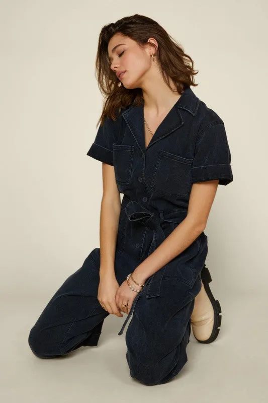 Marisol Short Sleeve Denim Utility Style Jumpsuit