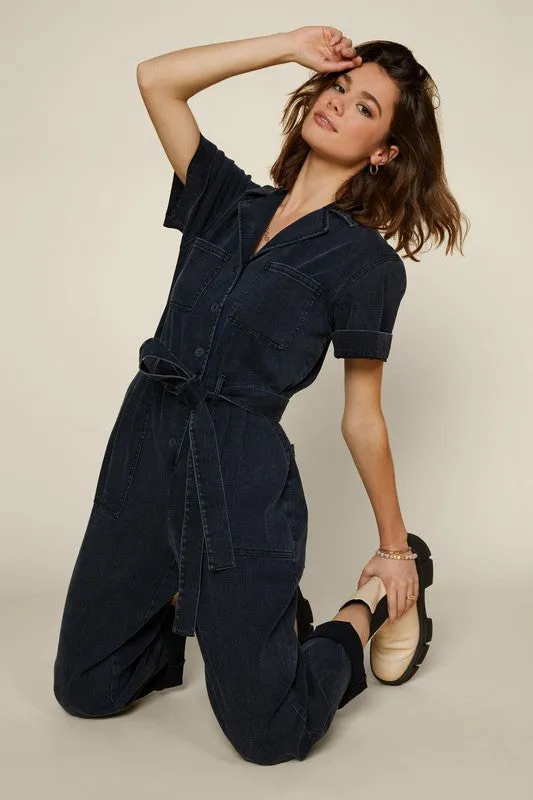 Marisol Short Sleeve Denim Utility Style Jumpsuit