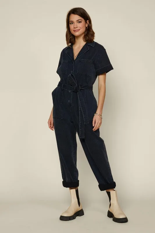 Marisol Short Sleeve Denim Utility Style Jumpsuit