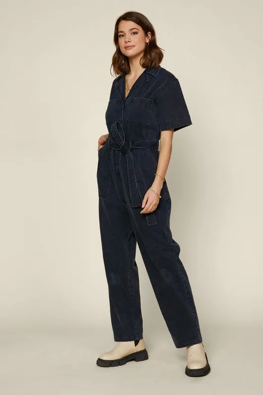 Marisol Short Sleeve Denim Utility Style Jumpsuit