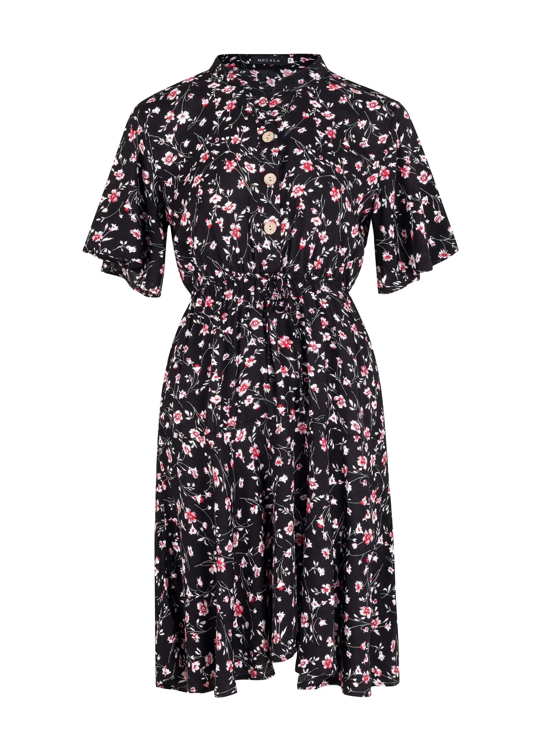 MECALA Women's Ditsy Floral Print Short Sleeve Drawstring Waist Pleated Dress