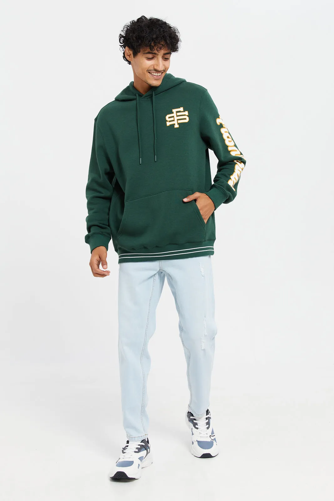 Men Green Printed Hoodie Sweatshirt