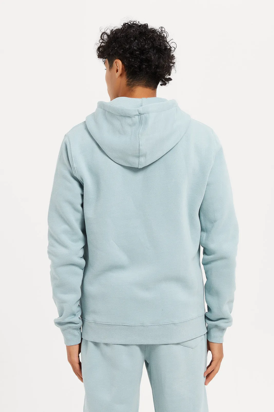 Men Plain Blue Zip Through Hooded Sweatshirt