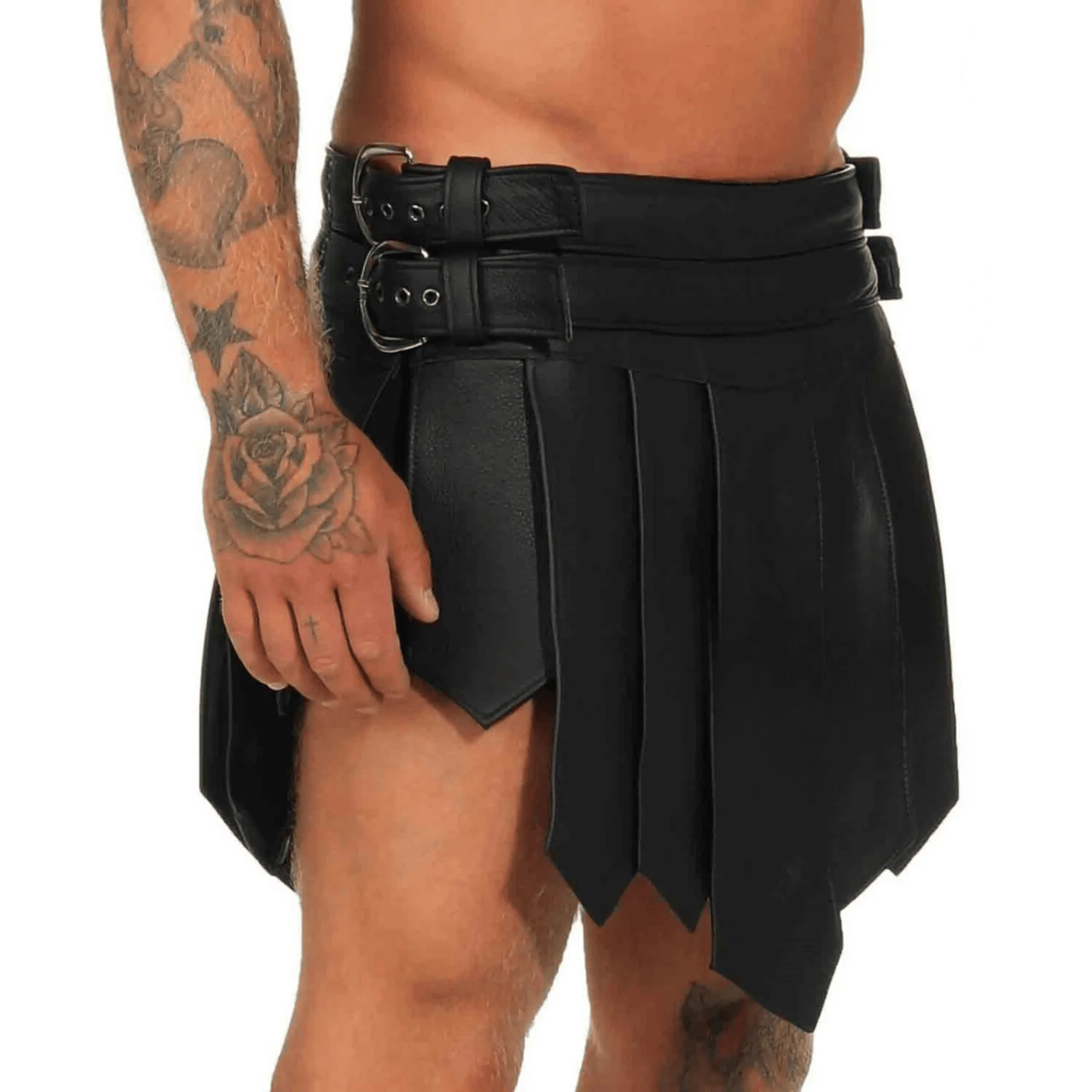 Mens Black Leather Gladiator Kilt